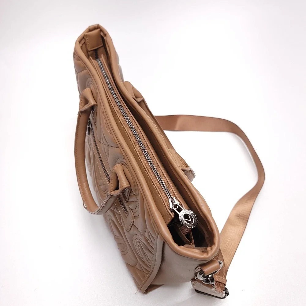 Valentino Orlandi Tan Brown Quilted Logo Satchel Crossbody Handbag Bag